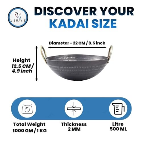 VISMAY'S 500 ML 8.5 inch Food Grade Iron Kadai India’s 1st Smooth Edge Kadhai Strong Riveted Handle Traditional Frying Pan Wok Hammered Heavy Base Metal Spoon Friendly Works on Gas and Induction - Image 2