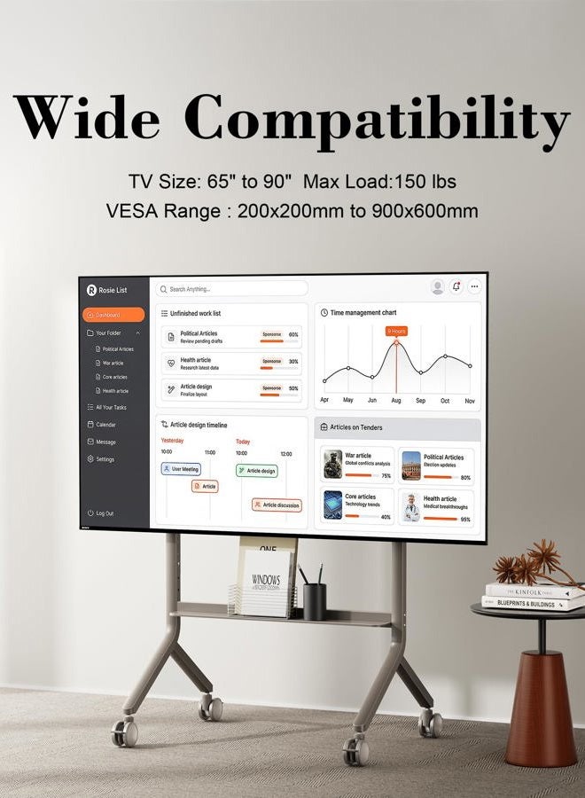 NB ERGONOMIC NB Mobile TV Cart, Rolling TV Stand with Wheels for 65-90 Inch LCD OLED Flat Curved Panel Screen TV or Smart Board, Load up to 150 lbs, Max VESA 900x600mm P100 - Image 4