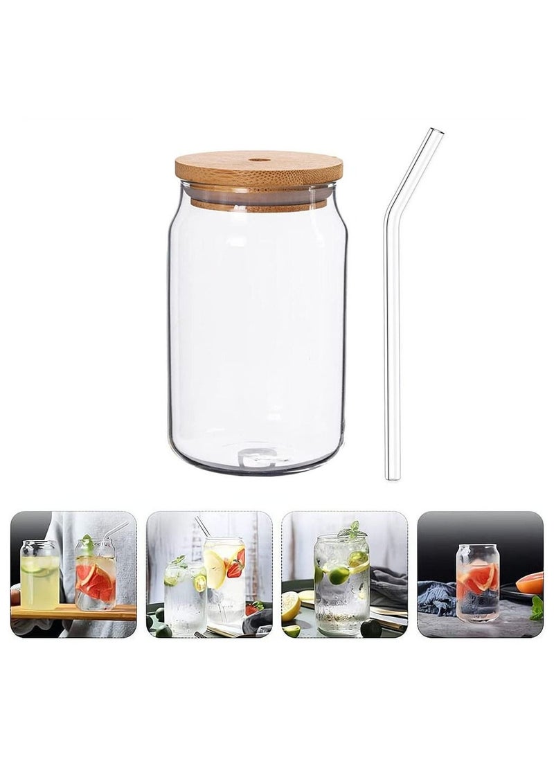 Beauenty Glass Cans with Bamboo Cover, Can Shaped Glass Glass Cups Transparent Water Cup Juice Drink Cup Drinking Cups with Straw for Water and Mixed Drink for Any Drink and Any Occasion ( 500 Ml )  - Image 1