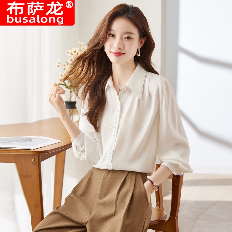 2024 Busalong Long Sleeve Womens Blouse Workwear White Shirt - Image 2