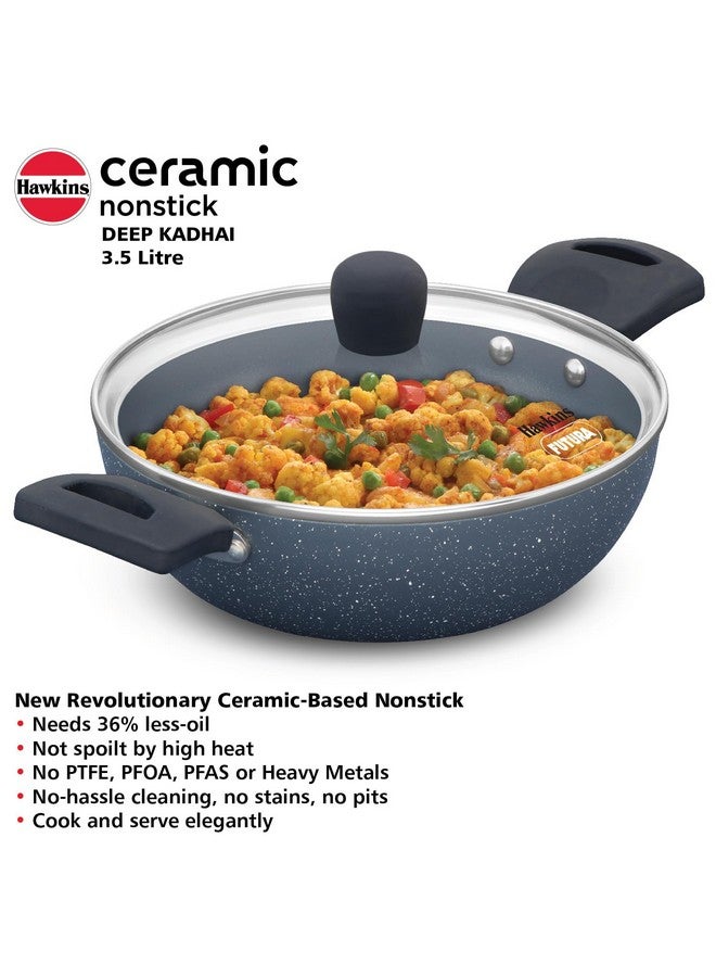 Hawkins Ceramic Nonstick 3.5 Litre Deep Kadhai, Induction Deep Fry Pan with Glass Lid, Granite Kadai (ICK35G) - Image 3