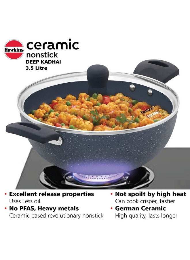 Hawkins Ceramic Nonstick 3.5 Litre Deep Kadhai, Induction Deep Fry Pan with Glass Lid, Granite Kadai (ICK35G) - Image 4