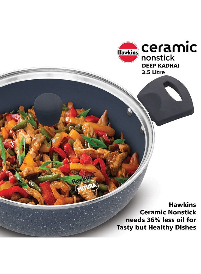Hawkins Ceramic Nonstick 3.5 Litre Deep Kadhai, Induction Deep Fry Pan with Glass Lid, Granite Kadai (ICK35G) - Image 2