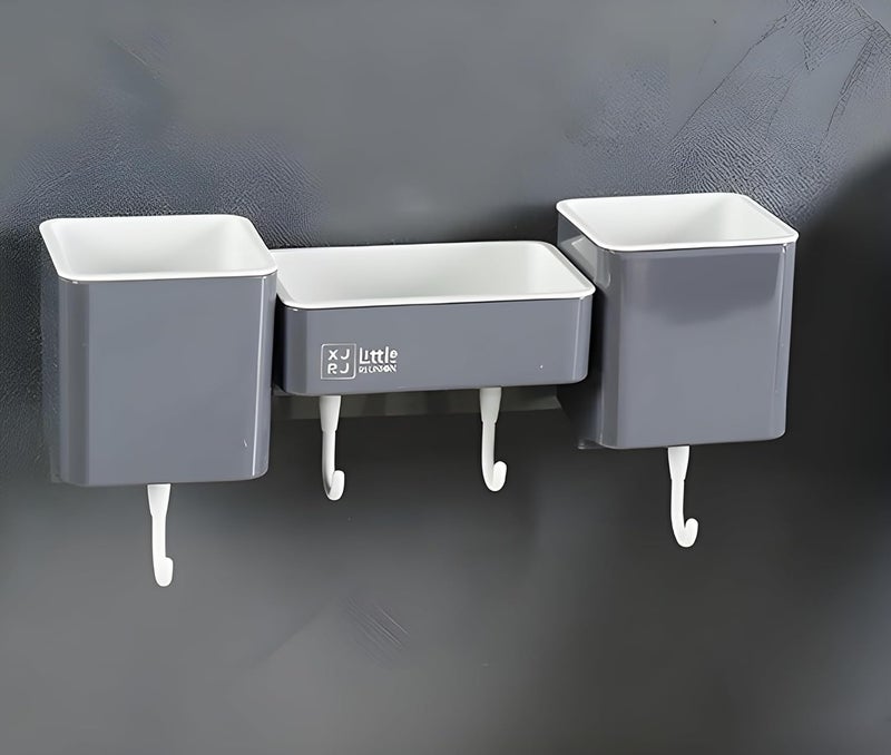 Jinila Wall Mounted Toothbrush Holder with Soap Dish and Hanging Hook Multipurpose Bathroom and Wash Basin Storage Organiser Pack of 1 Gray and Cream - Image 2