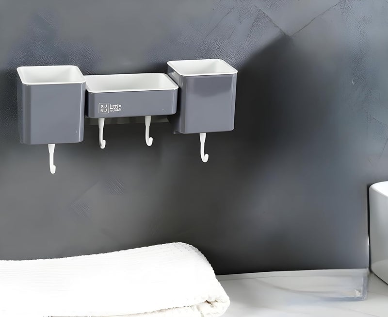Jinila Wall Mounted Toothbrush Holder with Soap Dish and Hanging Hook Multipurpose Bathroom and Wash Basin Storage Organiser Pack of 1 Gray and Cream - Image 3