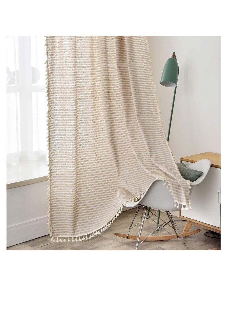 Boho Striped Semi-Blackout Curtains in Beige, Cotton Linen with Tassels for Living Room and Bedroom, 150W x 200H cm  - Image 1