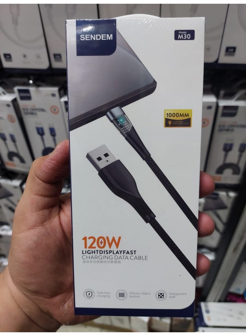 سيندم كابل شحن ونقل بيانات سريع موديل M30 بشاشة إضاءة – يدعم الشحن السريع بقوة 120 واط – طول 1 متر - Image 2