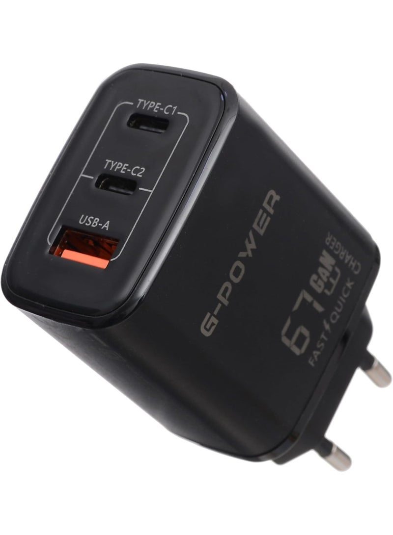 جي باور شاحن جي-باور GP-C16 بقوة 67 واط بثلاثة منافذ (منفذ USB-A ومنفذي USB-C) يدعم تقنية الشحن السريع كوالكوم 3.0، متوافق مع أجهزة ماك بوك برو، وآيباد، وجالاكسي، وبيكسل، وآيفون، وغيرها - أسود - Image 1