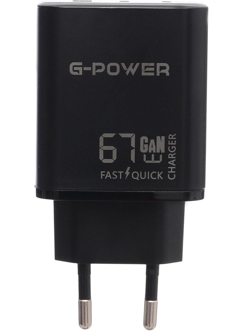 جي باور شاحن جي-باور GP-C16 بقوة 67 واط بثلاثة منافذ (منفذ USB-A ومنفذي USB-C) يدعم تقنية الشحن السريع كوالكوم 3.0، متوافق مع أجهزة ماك بوك برو، وآيباد، وجالاكسي، وبيكسل، وآيفون، وغيرها - أسود - Image 2
