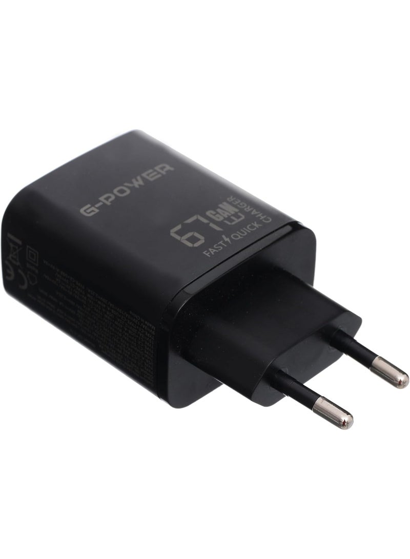 جي باور شاحن جي-باور GP-C16 بقوة 67 واط بثلاثة منافذ (منفذ USB-A ومنفذي USB-C) يدعم تقنية الشحن السريع كوالكوم 3.0، متوافق مع أجهزة ماك بوك برو، وآيباد، وجالاكسي، وبيكسل، وآيفون، وغيرها - أسود - Image 3