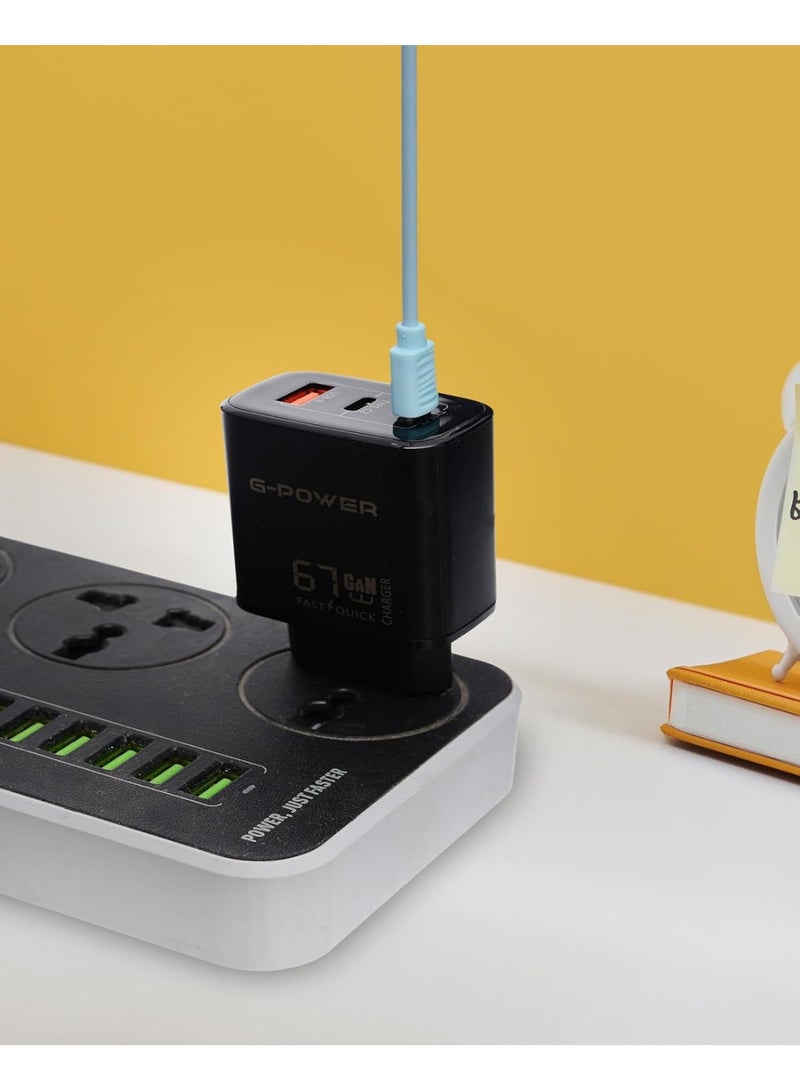 جي باور شاحن جي-باور GP-C16 بقوة 67 واط بثلاثة منافذ (منفذ USB-A ومنفذي USB-C) يدعم تقنية الشحن السريع كوالكوم 3.0، متوافق مع أجهزة ماك بوك برو، وآيباد، وجالاكسي، وبيكسل، وآيفون، وغيرها - أسود - Image 5