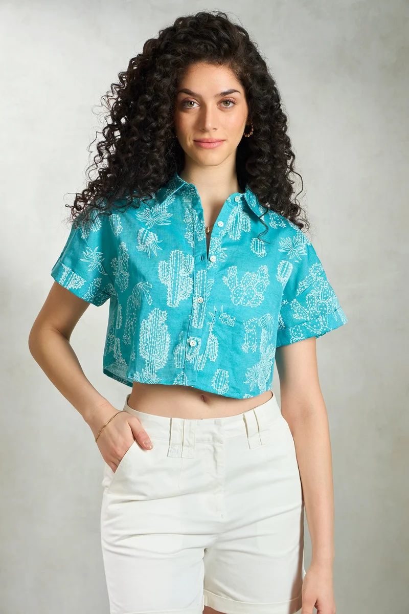 Virgio Virgio Women Cotton Linen Collared Neck Cropped Length Printed Regular Sleeve Top