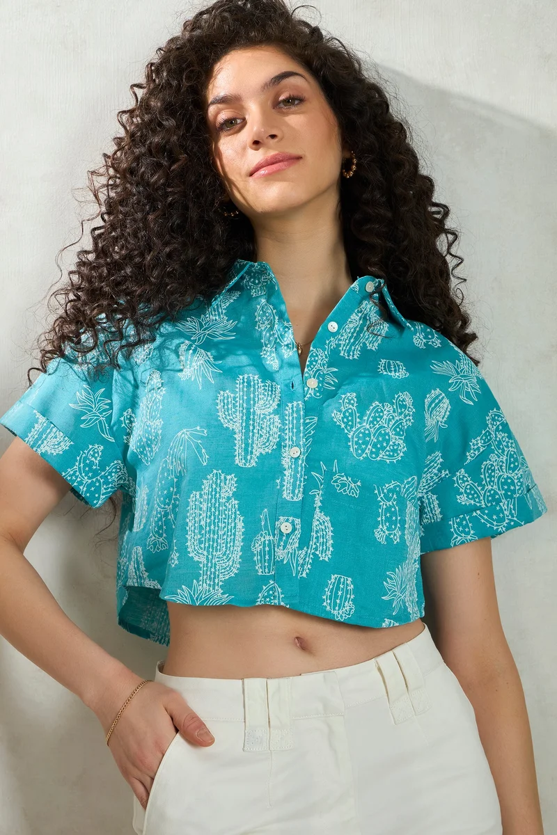 Virgio Virgio Women Cotton Linen Collared Neck Cropped Length Printed Regular Sleeve Top