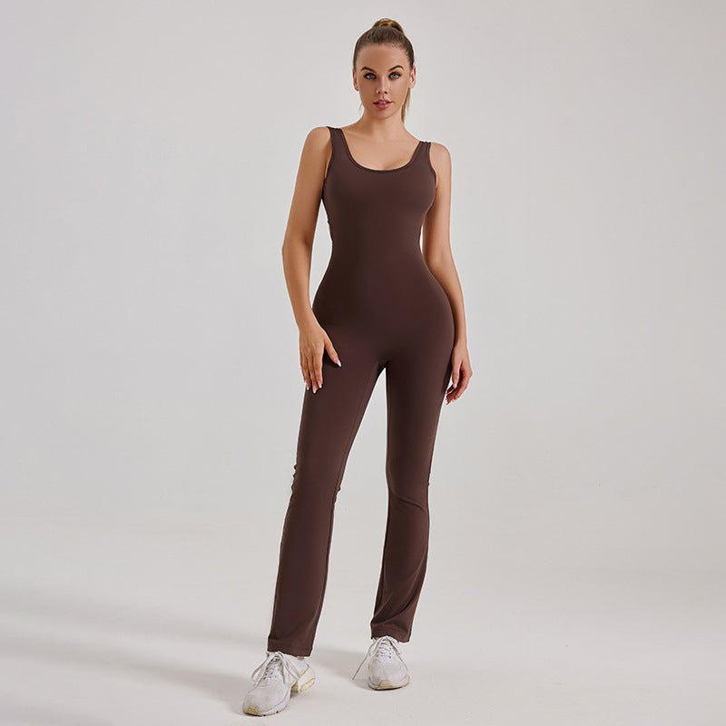 Generic Cross-border zone Europe and the United States new fashion tight yoga jumpsuit hollow back slim slim jumpsuit Distilled coffee 