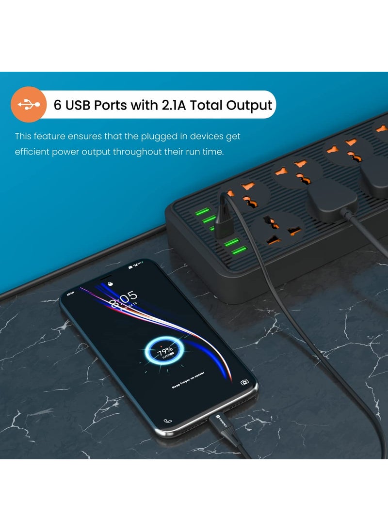 Portronics Power Plate 7 with 6 USB Port 8 Power Sockets Smart Electric Universal Extension Board Multi Plug with 2500W 3Mtr Cord Length 21A USB OutputBlack 250 Volts