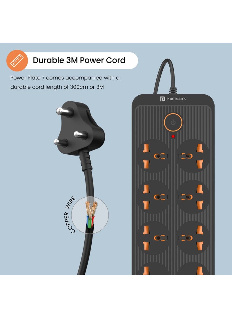 Portronics Power Plate 7 with 6 USB Port 8 Power Sockets Smart Electric Universal Extension Board Multi Plug with 2500W 3Mtr Cord Length 21A USB OutputBlack 250 Volts