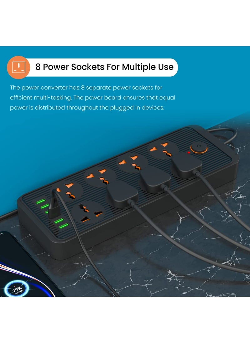 Portronics Power Plate 7 with 6 USB Port 8 Power Sockets Smart Electric Universal Extension Board Multi Plug with 2500W 3Mtr Cord Length 21A USB OutputBlack 250 Volts