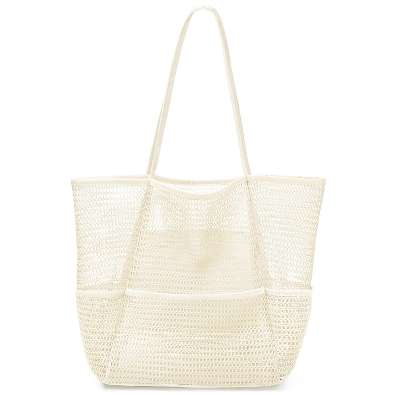KPX Beach Bag with Mini Pocket Summer Beach Tote Bags for Women Large Foldable Mesh Swimming Pool Travel Bags Sandproof Beige - Image 2