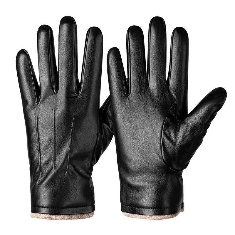 Alepo Winter PU Leather Gloves For Men, Warm Thermal Touchscreen Texting Typing Dress Driving Motorcycle Gloves With Wool Lining (Black-XXL)