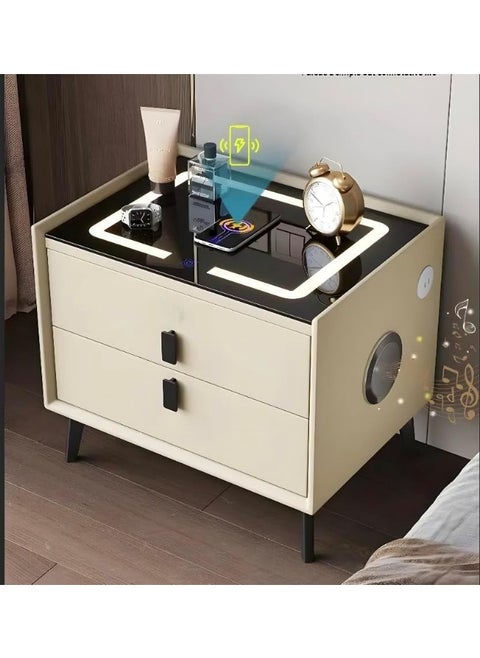 طاولة جانبية ذكية لغرفة النوم مع ادراج، طاولة جانبية مع قاعدة شحن، مكبرات صوت، ضوء LED مقاس 47*40*50 سم