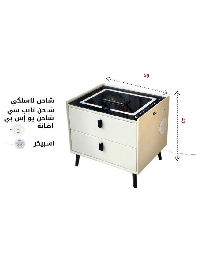 عالم فور يو - طاولة جانبية ذكية لغرفة النوم مع ادراج، طاولة جانبية مع قاعدة شحن، مكبرات صوت، ضوء LED مقاس 47*40*50 سم - Image 1