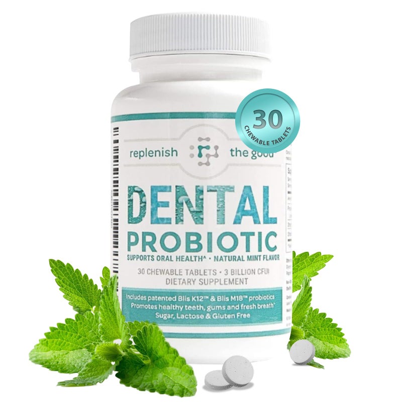 Replenish the Good Replenish the Good Dental Probiotic 30 Sugar Free Chewable Tablets Mint Flavor Vegan Supplements wBLIS K12 M18 Boosts Oral Health Fights Bad Breath Halitosis Tooth Decay Strep Throat 
