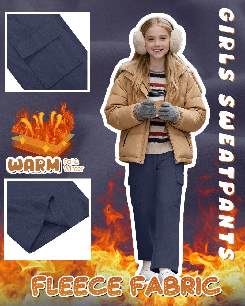 LessonZoo 3 Pack Girls Thermal Fleece Cargo Sweatpants 5-14y 4 Pockets Kid Warm Wide Leg High Waist Baggy Casual Pants Jogger(Navy Blue, Heather Gray, Black,7-8 Years) - Image 3
