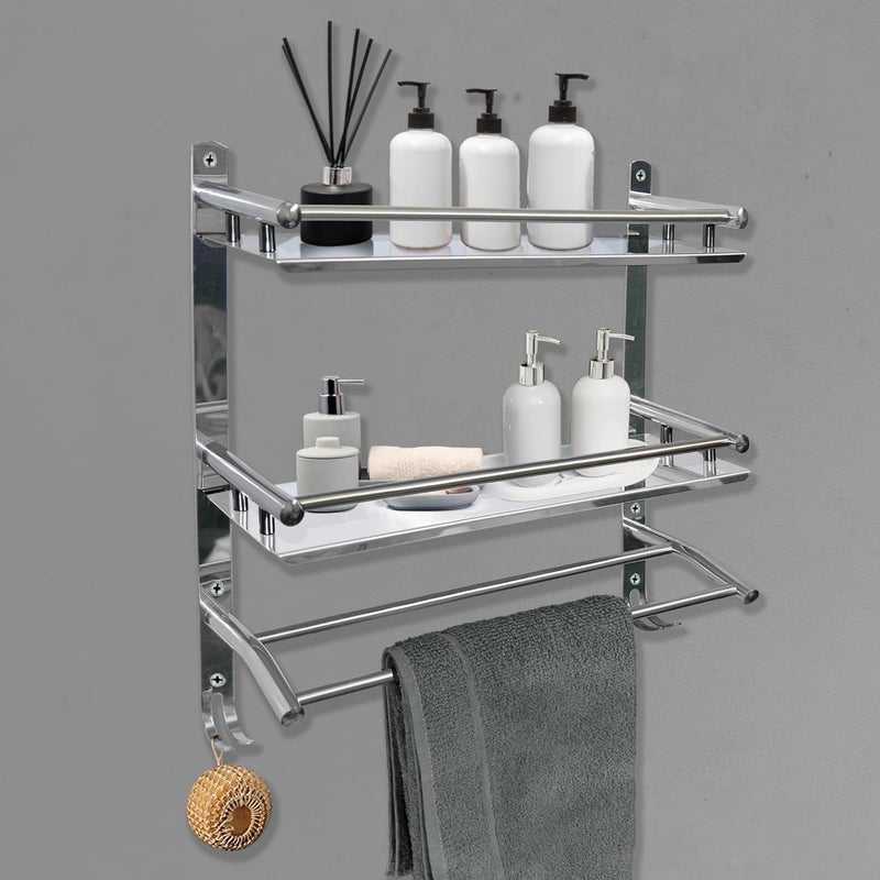Stainless Steel Double Layer Chrome Finish Multipurpose Wall Mount Bath Kitchen Bathroom Accessories Rack Shelf, Silver  - Image 1