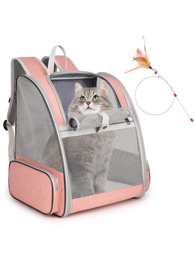 SSAWcasa Cat Backpack Carrier, Large Pet Backpack with Kitten Wand Feather Toy for Medium Small Dog Cat Puppy Kitty Bunny up to 15lbs, Ventilated Mesh Dog Travel Carrier for Hiking Walking Outdoor Use (Pink) - Image 1