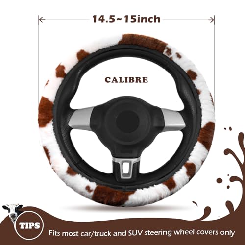 BubabyZZ 3PCS Cow Print Steering Wheel Cover Plush, Auto Cute Furry Cows Pattern Hand Brake & Shift Gear Covers Universal Soft Warm Car Interior Accessories for Women Men (Brown Cow Print, 15 inch) - Image 2