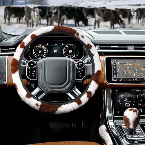 BubabyZZ 3PCS Cow Print Steering Wheel Cover Plush, Auto Cute Furry Cows Pattern Hand Brake & Shift Gear Covers Universal Soft Warm Car Interior Accessories for Women Men (Brown Cow Print, 15 inch) - Image 1