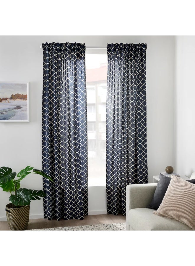 Geometric Pattern Window Curtains Pair with Heading Tape - 2 Pieces, Navy Blue/White, 145 x 250 cm - Image 2