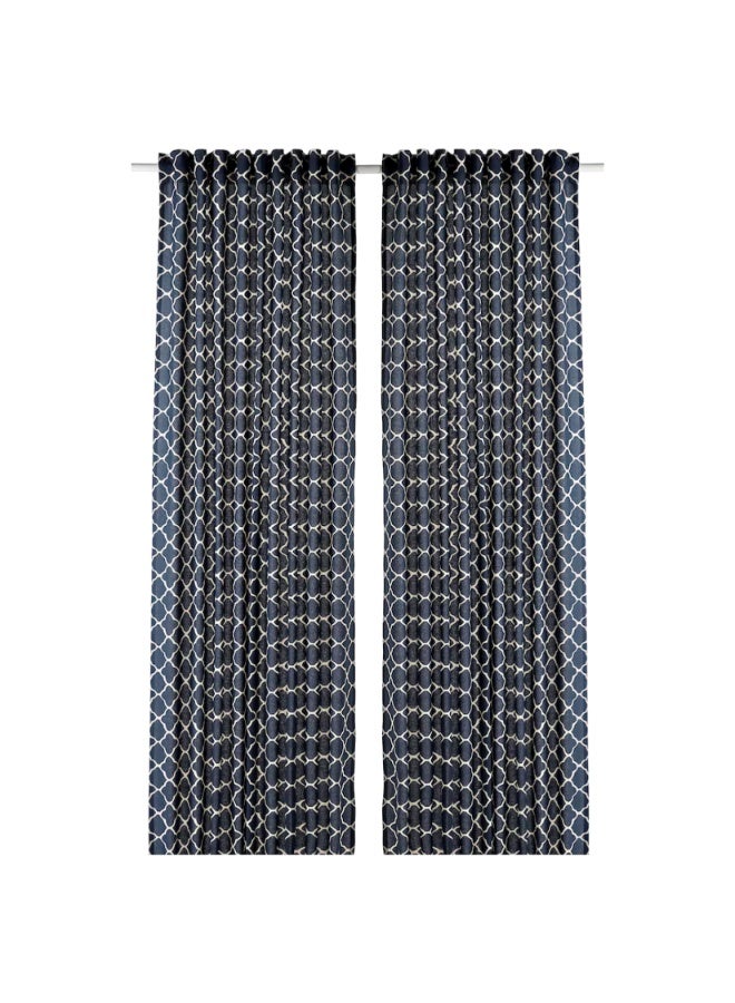 Geometric Pattern Window Curtains Pair with Heading Tape - 2 Pieces, Navy Blue/White, 145 x 250 cm - Image 1