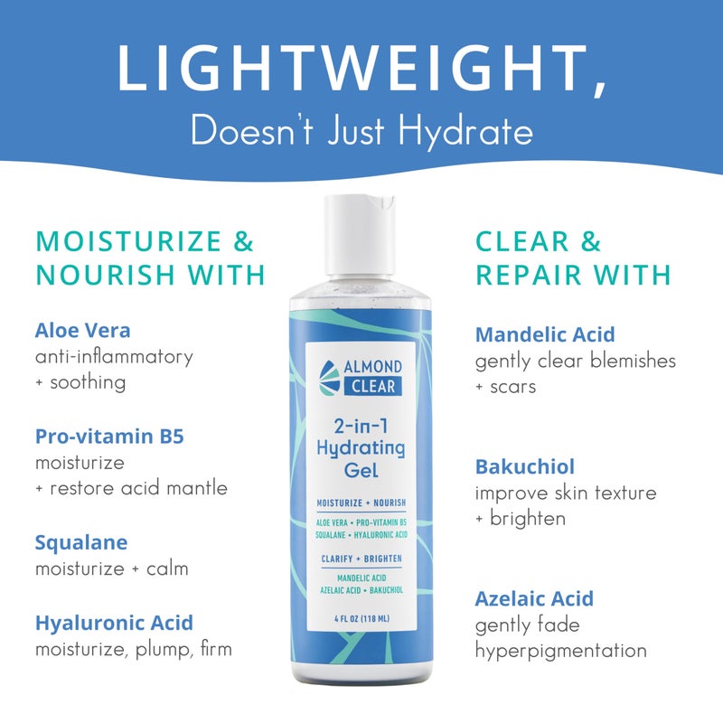 Almond Clear 2-in-1 Hydrating Gel | Lightweight Mandelic Acid Moisturizer for Oily, Blemish-Prone Skin | Aloe Vera, Squalane, Hyaluronic Acid, Mandelic Acid, Bakuchiol | 4 oz - Image 4