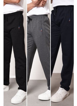 mmetalic Metalic Black-Anthracite-Navy Blue Men's Zipper Pocket Embroidery Detailed Straight Leg Relaxed Cut 3-Pack Sweatpants  - Image 1