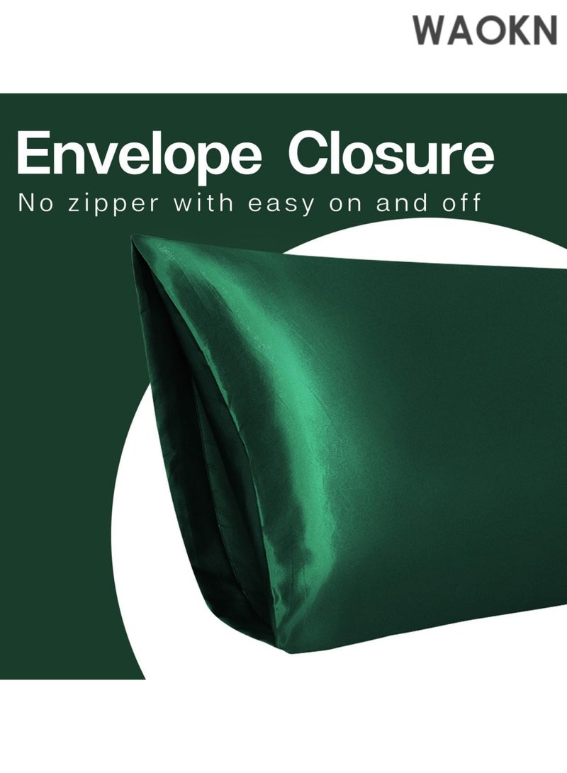 دبليو أيه أو كي أن غطاء وسادة من الساتان للشعر والبشرة، عبوة من 2 غطاء وسادة من الساتان الحريري، مجموعة من 2 غطاء وسادة بمقاس قياسي، غطاء وسادة حريري مع إغلاق مغلف (20 × 26، أخضر داكن) - Image 1