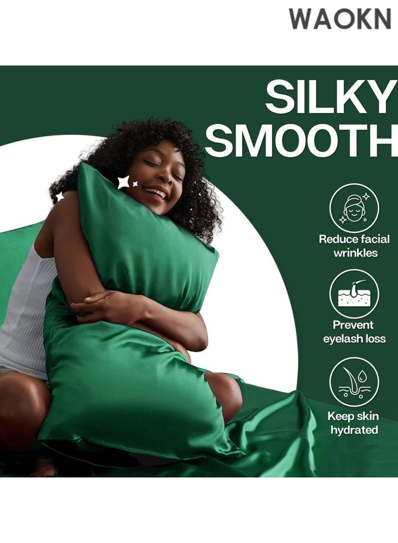 دبليو أيه أو كي أن غطاء وسادة من الساتان للشعر والبشرة، عبوة من 2 غطاء وسادة من الساتان الحريري، مجموعة من 2 غطاء وسادة بمقاس قياسي، غطاء وسادة حريري مع إغلاق مغلف (20 × 26، أخضر داكن) - Image 4