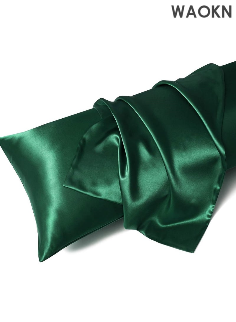 دبليو أيه أو كي أن غطاء وسادة من الساتان للشعر والبشرة، عبوة من 2 غطاء وسادة من الساتان الحريري، مجموعة من 2 غطاء وسادة بمقاس قياسي، غطاء وسادة حريري مع إغلاق مغلف (20 × 26، أخضر داكن) - Image 2