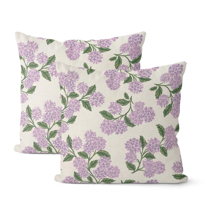 DAFENA Purple Pink Spring Pillow Covers 18x18 Inch 2 Pcs Green Hydrangea Flower Decor Throw Pillows Vintage Floral Seasonal Summer Outdoor Decoration Pillowcase Linen Cushion Cover for Couch Sofa - Image 2