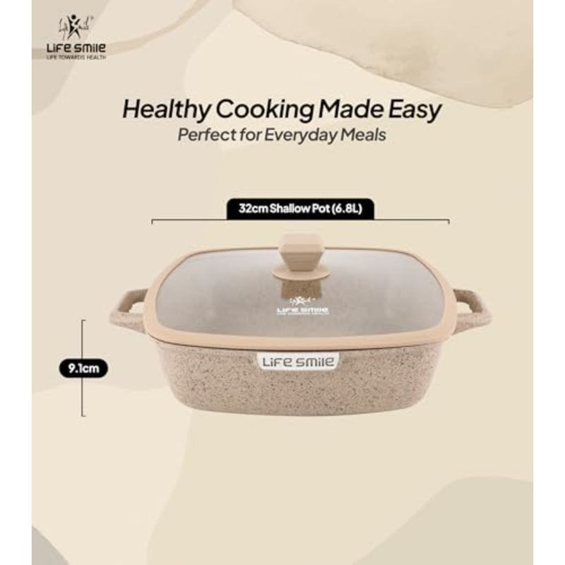 Square Shallow Casserole Pan 32cm with Lid, Granite Non Stick Cooking Pot - Image 3