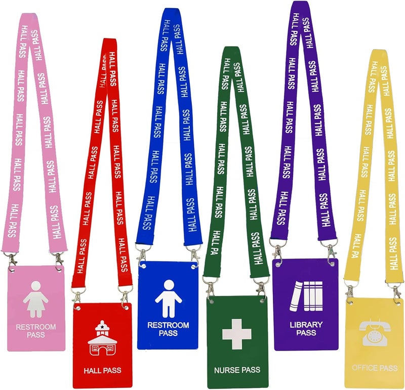 Bemaxy Hall Pass Lanyards with Large Card Passes, Unbreakable School Classroom 5 Inch Passes Set for Teacher Parents(Hall Bathroom Library Office & Nurse),6 Pcs - Image 1