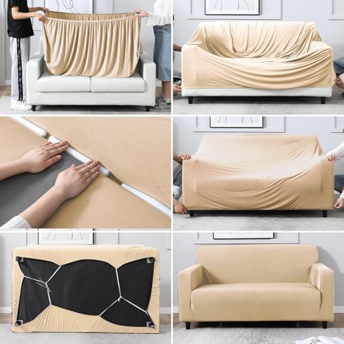 HOKIPO Elastic Stretchable Triple Seater Sofa Cover, Beige (AR-4279-E23) - Image 3