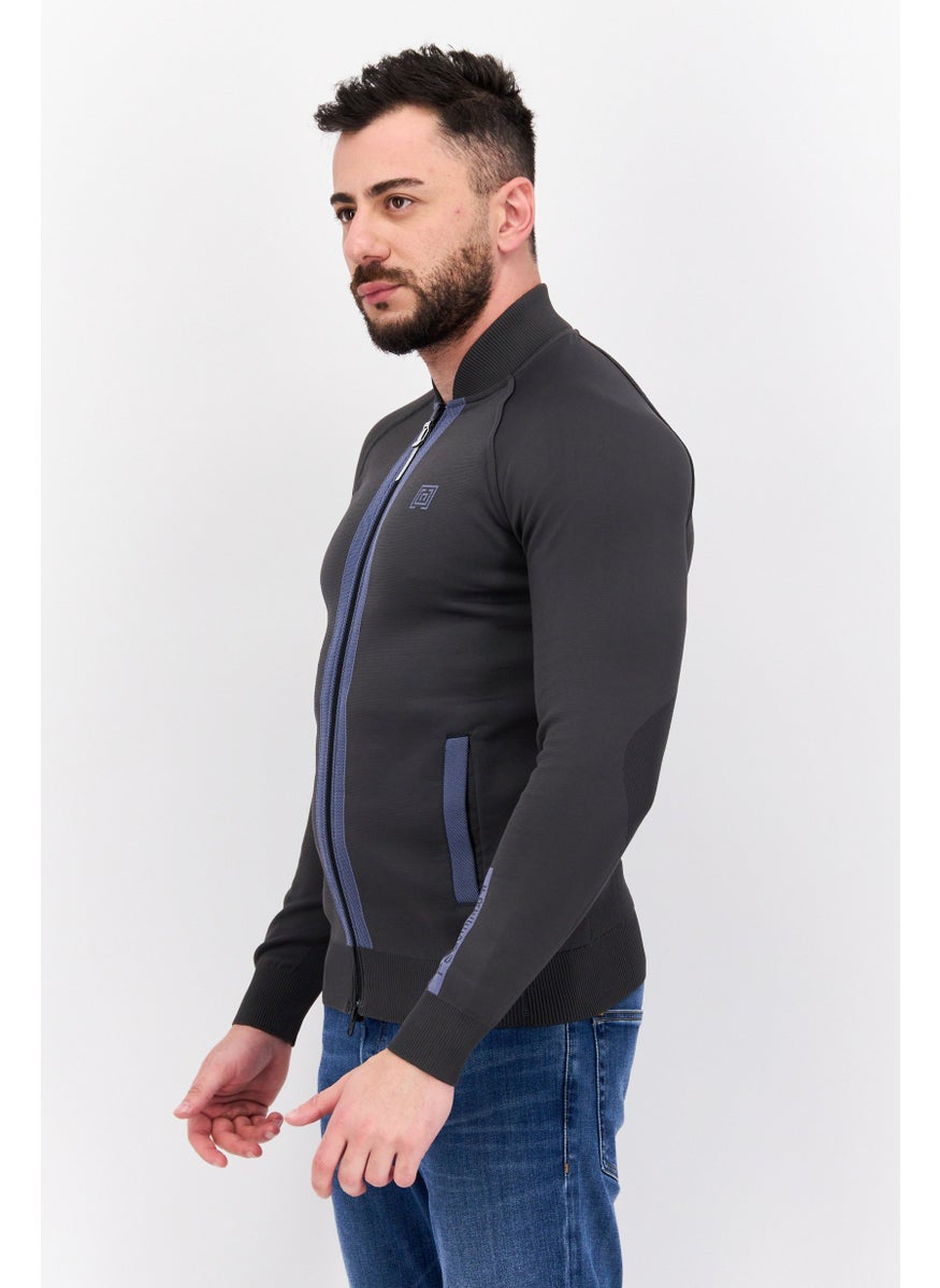 Free Soul - Men Band Collar Long Sleeves Brand Logo Full Zip Sweatshirt, Dark Grey - Image 1