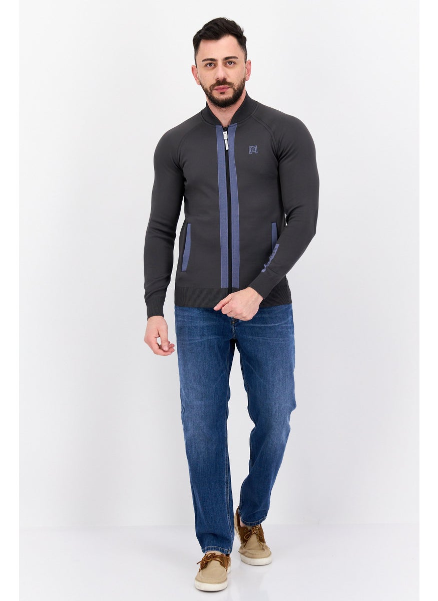 Free Soul - Men Band Collar Long Sleeves Brand Logo Full Zip Sweatshirt, Dark Grey - Image 1