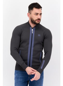 Men Band Collar Long Sleeves Brand Logo Full Zip Sweatshirt, Dark Grey