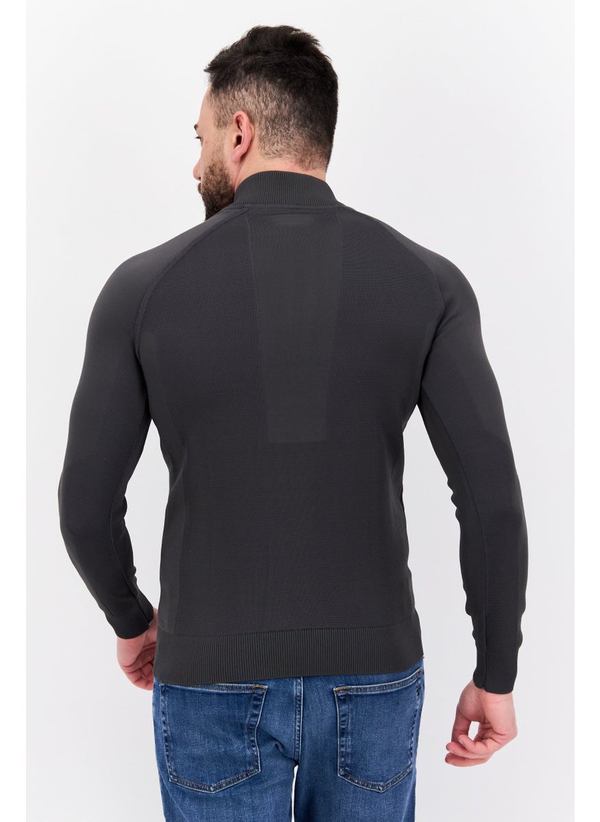 Free Soul - Men Band Collar Long Sleeves Brand Logo Full Zip Sweatshirt, Dark Grey - Image 1
