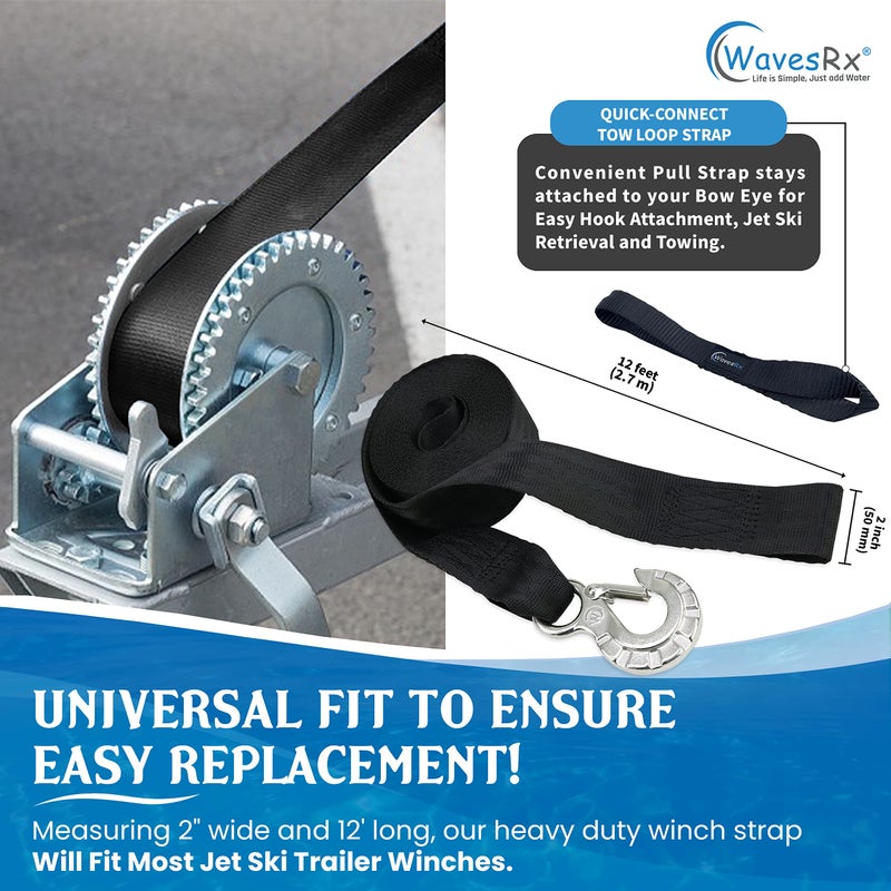 WavesRx 2" x 12' Jet Ski Trailer Winch Strap Replacement with Stainless Steel Hook & Quick Connect Bow Tow Loop 5,500 lbs Strength | Safe & Secure Retrieval, Launching & Transporting of Your JetSkis - Image 5
