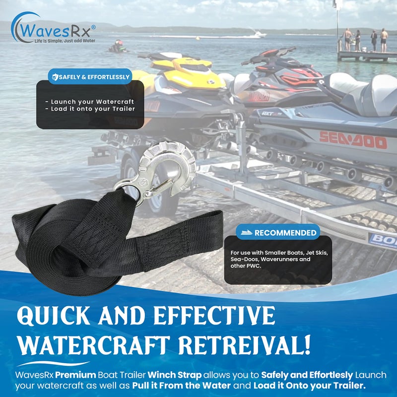 WavesRx 2" x 12' Jet Ski Trailer Winch Strap Replacement with Stainless Steel Hook & Quick Connect Bow Tow Loop 5,500 lbs Strength | Safe & Secure Retrieval, Launching & Transporting of Your JetSkis - Image 2