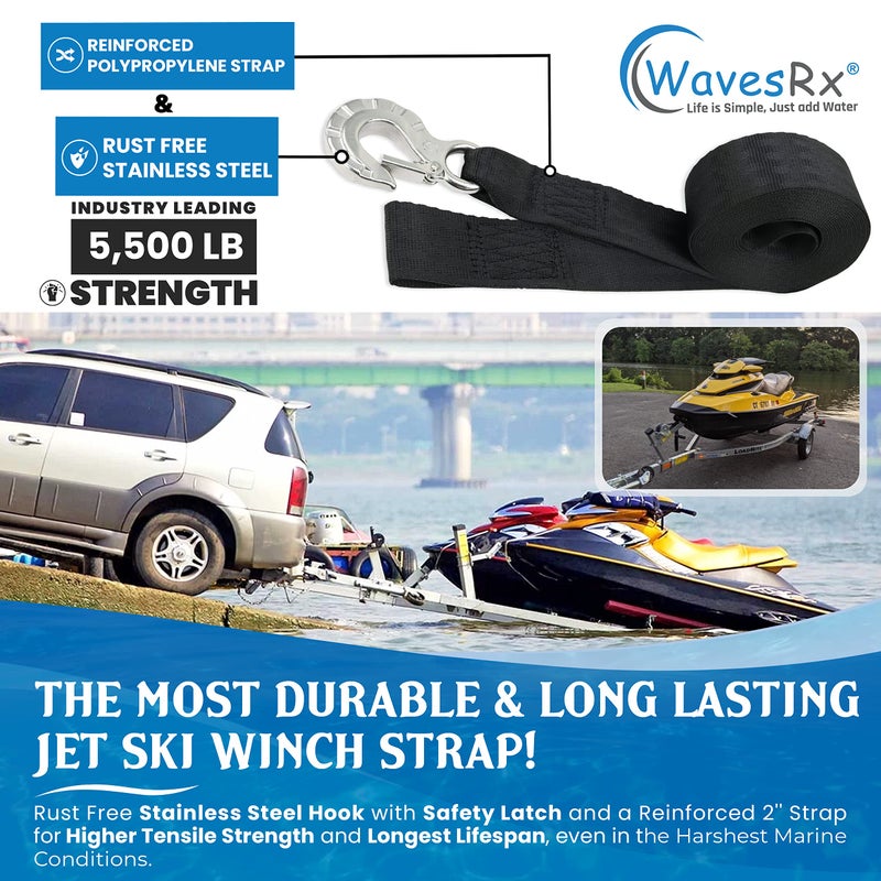 WavesRx 2" x 12' Jet Ski Trailer Winch Strap Replacement with Stainless Steel Hook & Quick Connect Bow Tow Loop 5,500 lbs Strength | Safe & Secure Retrieval, Launching & Transporting of Your JetSkis - Image 4