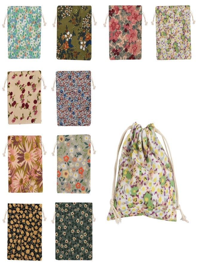 VIOCIWUO Mini Corduroy Drawstring Bag10PCS, Flower Makeup Bag Portable Small Pocket Cosmetic Bag For Women Travel Storage Cosmetics Headphones Jewelry(Random Style) - Image 1